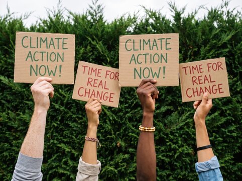 Raised arms holding cardboard climate protest signs against green hedge