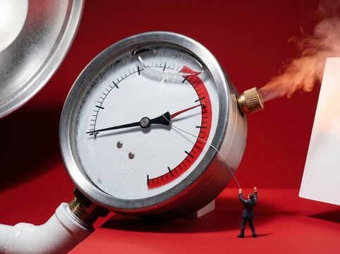 Miniature figure standing beside giant pressure gauge in red zone