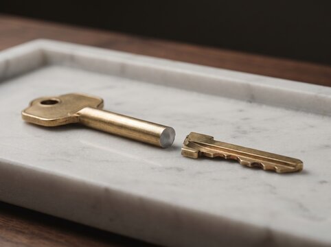 Severed brass key on white marble tray with wooden table concept of divorce