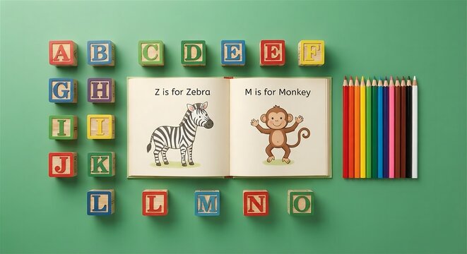 International Literacy Day 8 September Open Alphabet Book Z is for Zebra M is for Monkey with ABC Blocks and Pencils