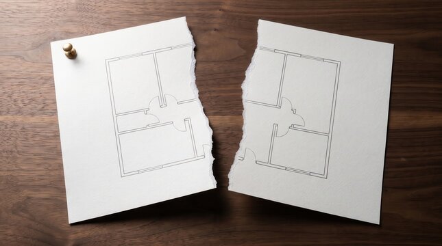 Torn architectural floor plan pinned on dark wood table
