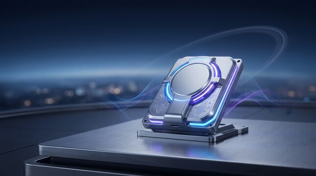 Futuristic High-Tech Data Storage Device with Glowing Neon Lights and Digital Waves in Night City Background