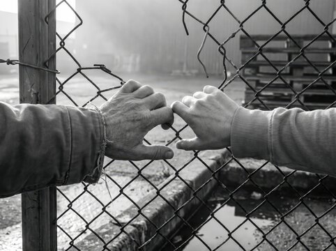 Two hands reaching through chain-link fence in foggy industrial yard