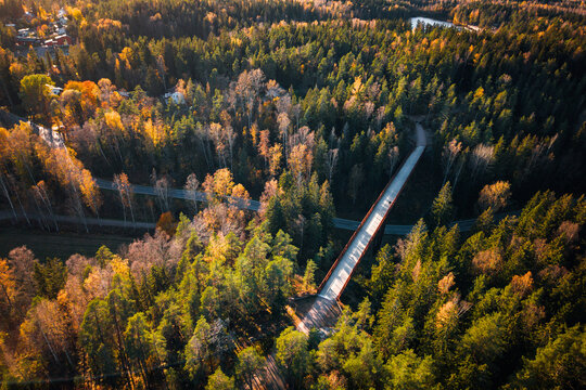 Aerial view of a long pedestrian bridge crossing through a dense autumn forest with golden and green trees in Sipoo, Uusimaa, Finland.
