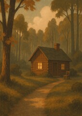 Naklejka premium Cozy cabin amidst autumn forest.