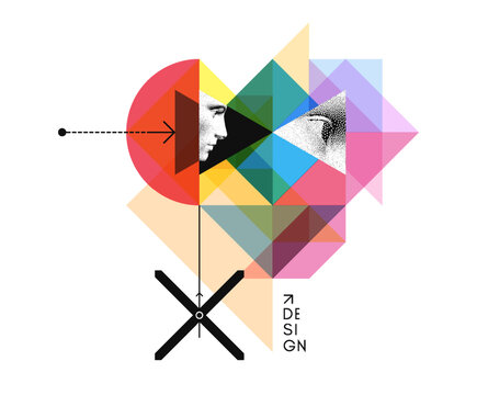 Art composition with overlapping translucent geometric shapes. A close-up of an eye. A face in profile, composed of dots. A designer creating something. Vector for presentation, cover, poster, etc.