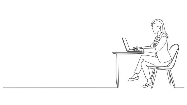 animated continuous line drawing of businesswoman sitting at desk working on laptop computer, line art animation