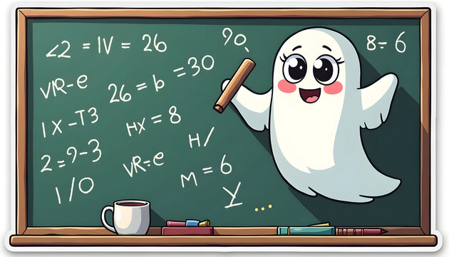 Cute Ghost Cartoon Sticker Writing Math Equations on Chalkboard