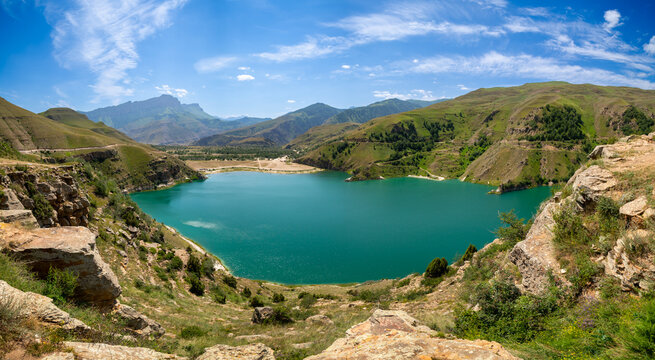 Panoramic view of Lake Gizhgit in Caucasus mountains in summer, Russia