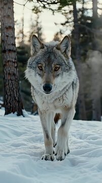 gray wolf walking through a snowy forest, exhaling visible breath