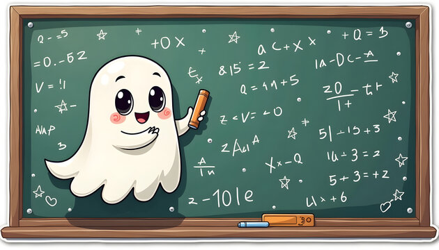 Cute Ghost Sticker Smiling Beside Chalkboard with Math Numbers and Stars