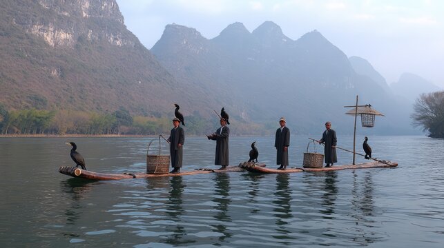 Cormorant fishermen on bamboo raft in Li River China.