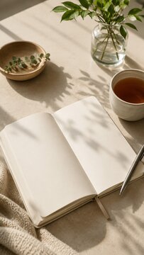 Vertical Journal and Coffee Workspace with Soft Natural Light