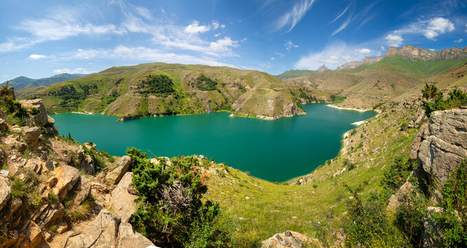 Panoramic view of Lake Gizhgit in Caucasus mountains in summer, Russia
