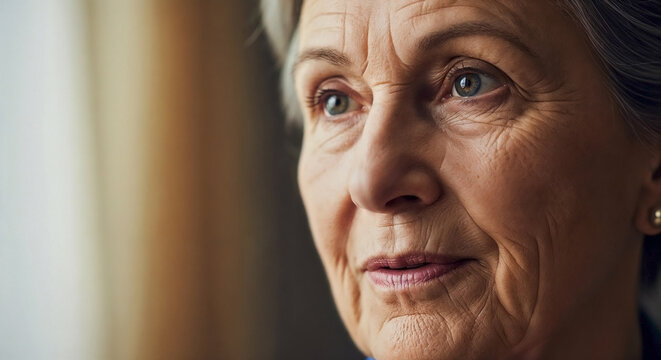 Close up of elderly woman hope looking thoughtfully, reflecting on life. Senior female face expresses gentle smile, finding inner strength and peace. Concept elderly woman hope for resilience