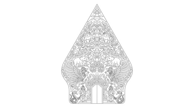 Symmetrical black and white line art vector of a Javanese Gunungan Wayang Kulit design featuring the tree of life, animals like elephants and tigers, and traditional gates.