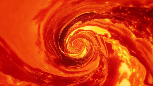 Fiery orange and red vortex spirals inward as luminous yellow streaks sweep through layered swirling forms, creating a vivid abstract whirlpool with strong depth and fluid motion