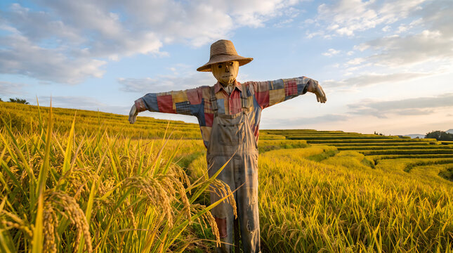 A scarecrow stands in a golden rice terrace field under a partly cloudy sky, used to protect crops during harvest season.