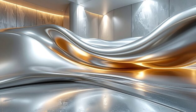 Futuristic interior with flowing silver metallic shapes and gold light