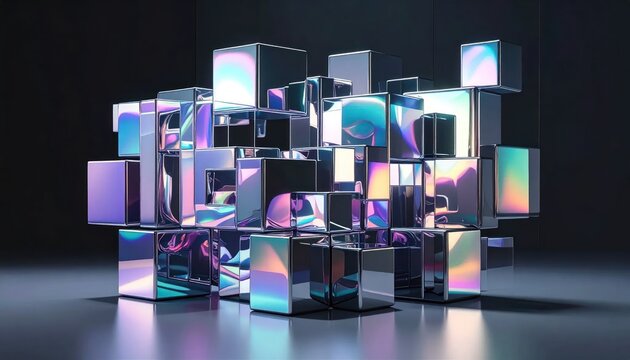 Abstract geometric arrangement of iridescent metallic cubes