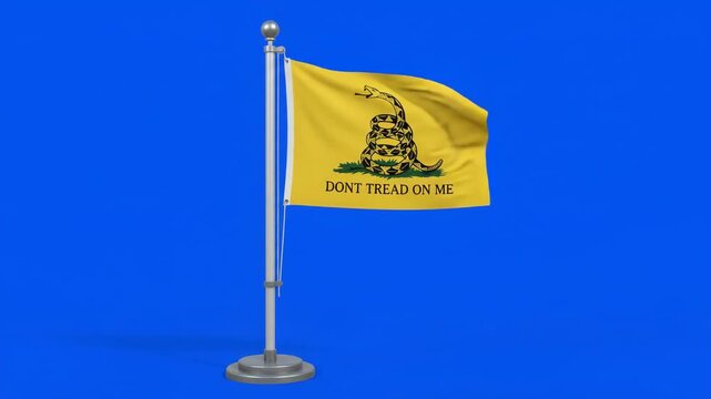 Gadsden Flag Waving on a Desk Pole with a Blue Screen Background.