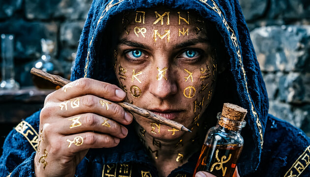 Mystical sorceress with gold runes on face, fantasy witch holding magic potion and wand, hooded woman with glowing blue eyes