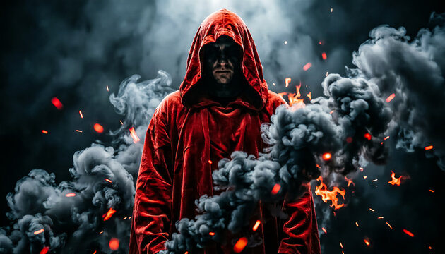 Mysterious hooded figure in red cloak, dark sorcerer surrounded by smoke and fire sparks, cinematic fantasy character portrait