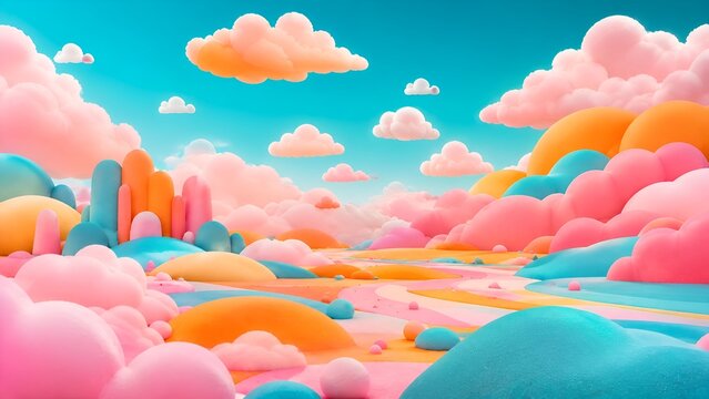 Surreal Pastel Dreamland with Fluffy Clouds and Colorful Rolling Hills