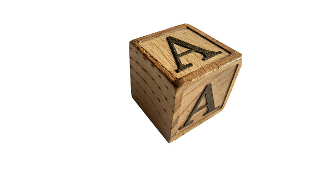 Classic wooden alphabet block toy letter A isolated on transparent background for children early education development.