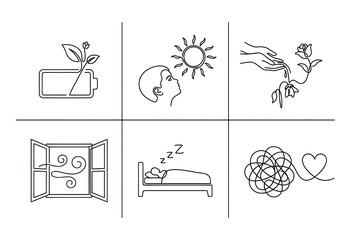 Obraz premium Set of continuous line art burnout recovery and energy restoration vector icons 