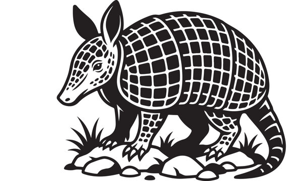 Vintage armadillo vector illustration, black and white wildlife mascot, retro woodcut style animal icon for outdoor branding