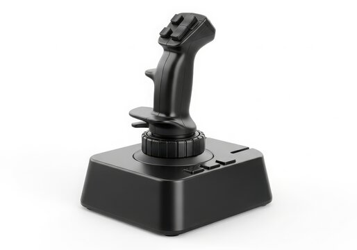 Black flight joystick controller on stand isolated on white background