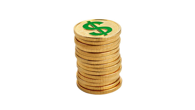 Stack of shiny gold dollar coins wealth isolated on transparent background for financial analysis successful business investments.