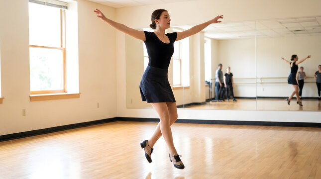 A female tap dancer practices moves in a bright dance studio with a mirror wall, with other people in the background.
