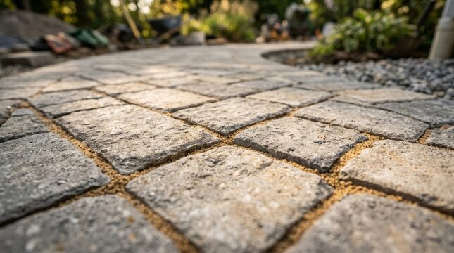 A low angle perspective close up captures grey concrete pavers laid in a winding garden path with sand filled joints, creating an inviting landscape design in a sunlit backyard setting