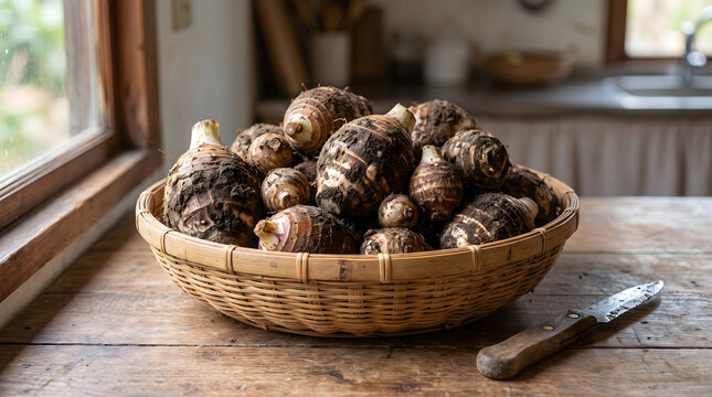 Fresh unpeeled taro tubers rest in a wicker basket on a rustic wooden table in a bright indoor kitchen setting.