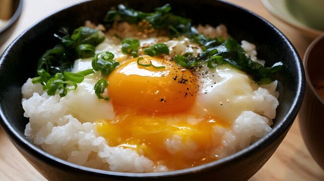 A bowl of rice topped with a perfectly cooked egg  garnished with green onions and seaweed  served in a dark ceramic bowl