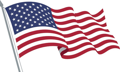 Fototapeta premium Waving American flag isolated on a white background with a flagpole.
