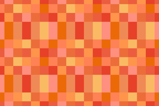 Warm orange checkered seamless pattern with retro plaid geometric shapes. Vector illustration graphic design for wallpaper, textile, seasonal decoration with salmon, coral, yellow bright retro colors 
