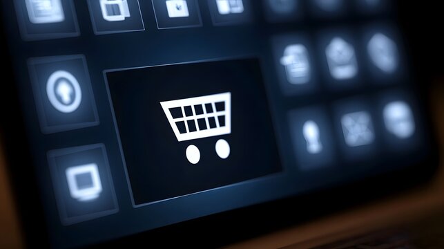 A close up view of a digital shopping cart icon on a dark interface with softly glowing buttons and shallow depth of field