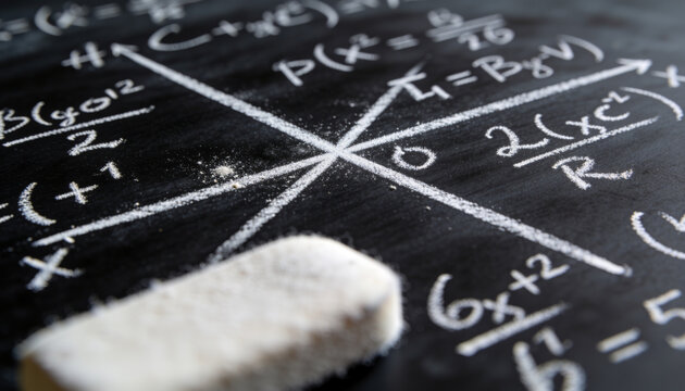 Complex Mathematical Equations and Cartesian Coordinate Graph Axis Drawn in White Chalk on Blackboard Macro View