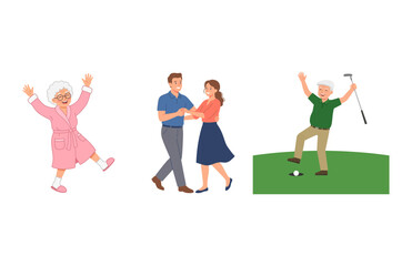 Fototapeta premium Joyful Senior Lifestyle Activities Featuring Dancing and Golfing Illustration Set