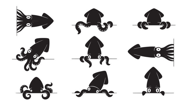 Black squid silhouette icons set, 9 minimalist sea creature vectors, peeking octopus and calamari characters for marine design isolated on Transparent Background