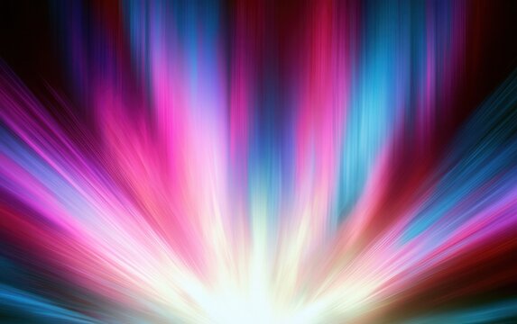 Colorful light rays spread from a central point, creating a vibrant scene in a dark space
