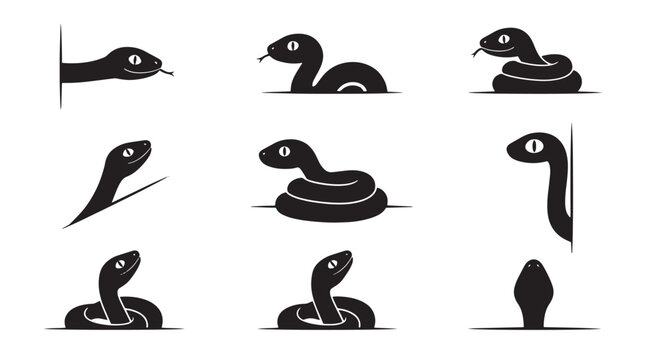 Black snake silhouette icons, minimalist serpent vector set of 9 elements, stylized reptile character illustrations for logos isolated on Transparent Background
