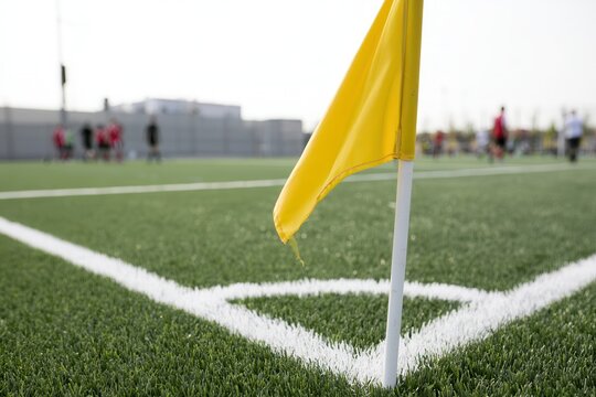 Yellow corner flag stands on a soccer field while players practice in the background during daytime
