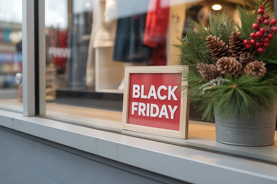 Black friday sale sign displayed in the window of a boutique shop during autumn