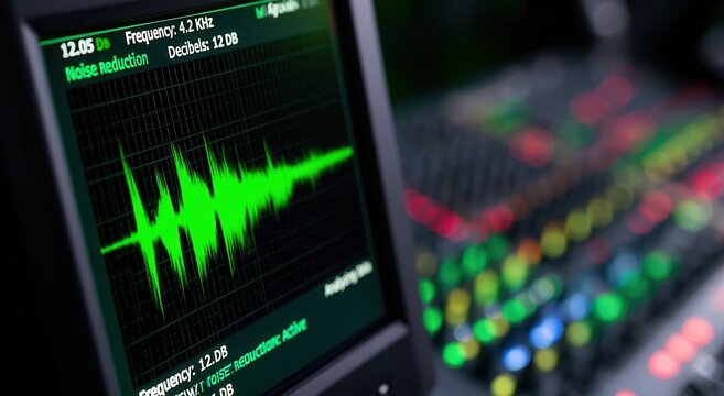 Sound wave display on a digital screen in a recording studio showing frequency and decibel levels