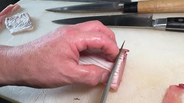 Sashimi Cut from a Fire-Seared Marlin Block with a Knife: Japanese Chef at an Izakaya (Kajiki Aburi)