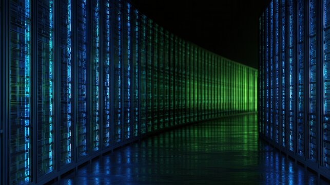 Server room with lit computer servers in rows and curved layout